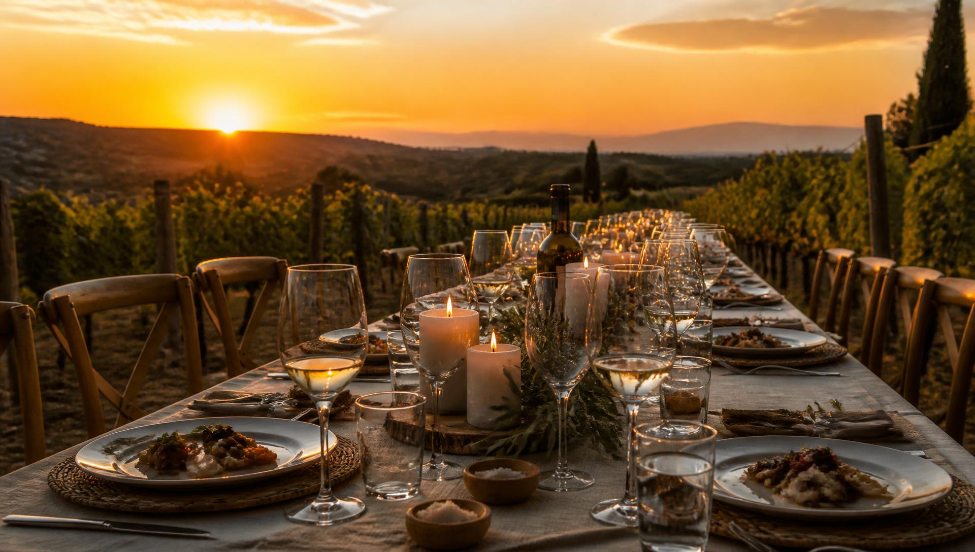 Mesa posta em um vinhedo ao pôr do sol