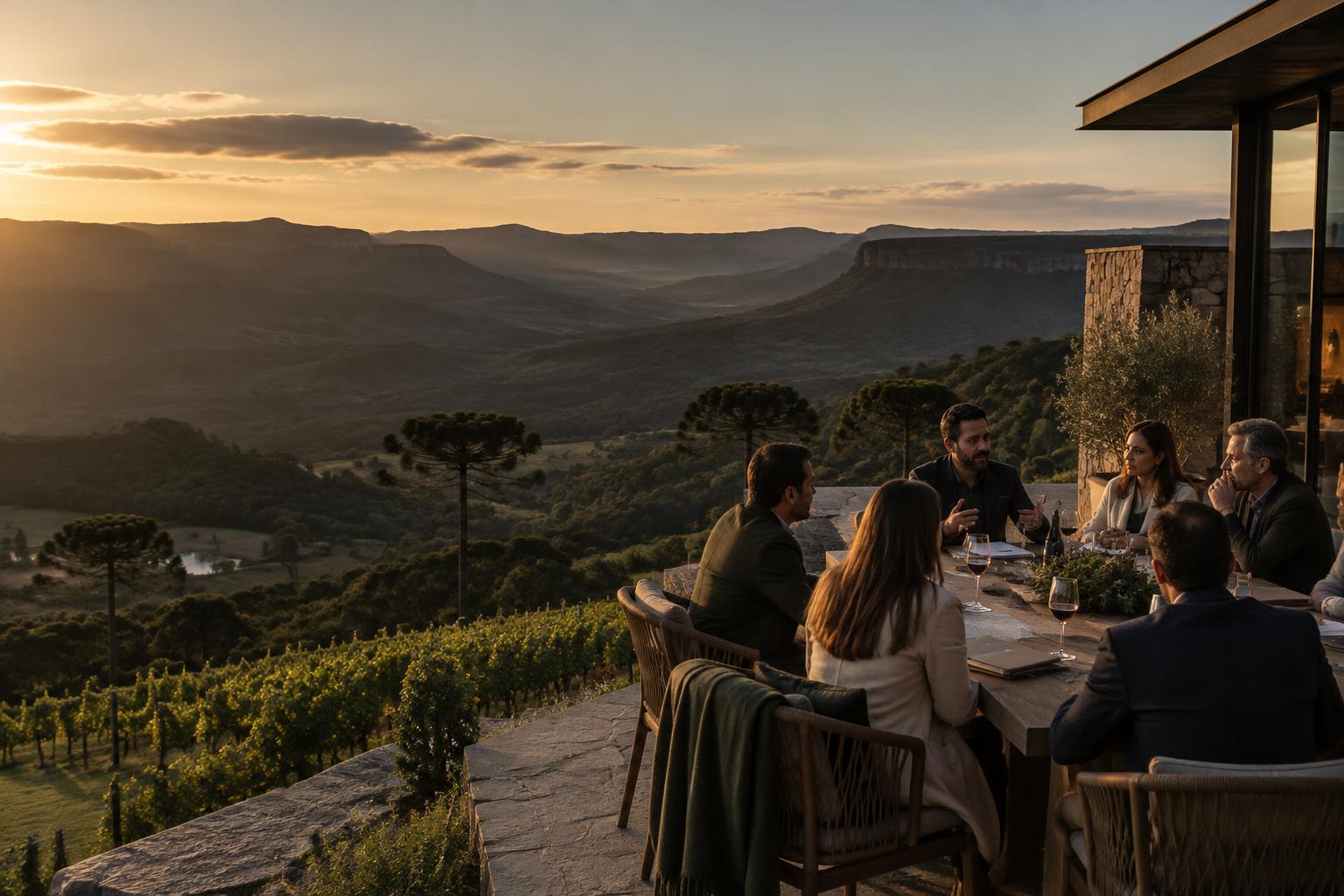 Empreendedores conversando em uma mesa com vista para a Serra Catarinense