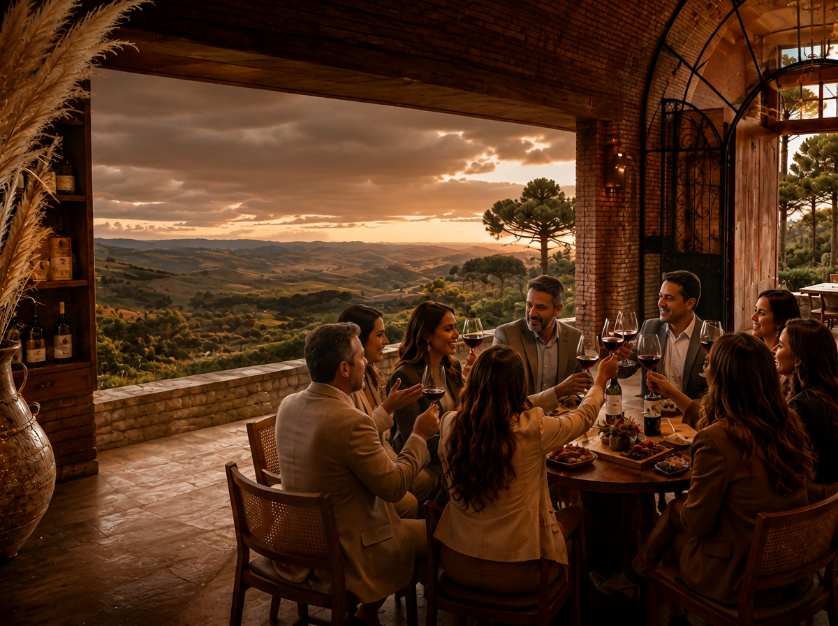Homens e mulheres conversando à mesa em uma vinícola da Serra Catarinense